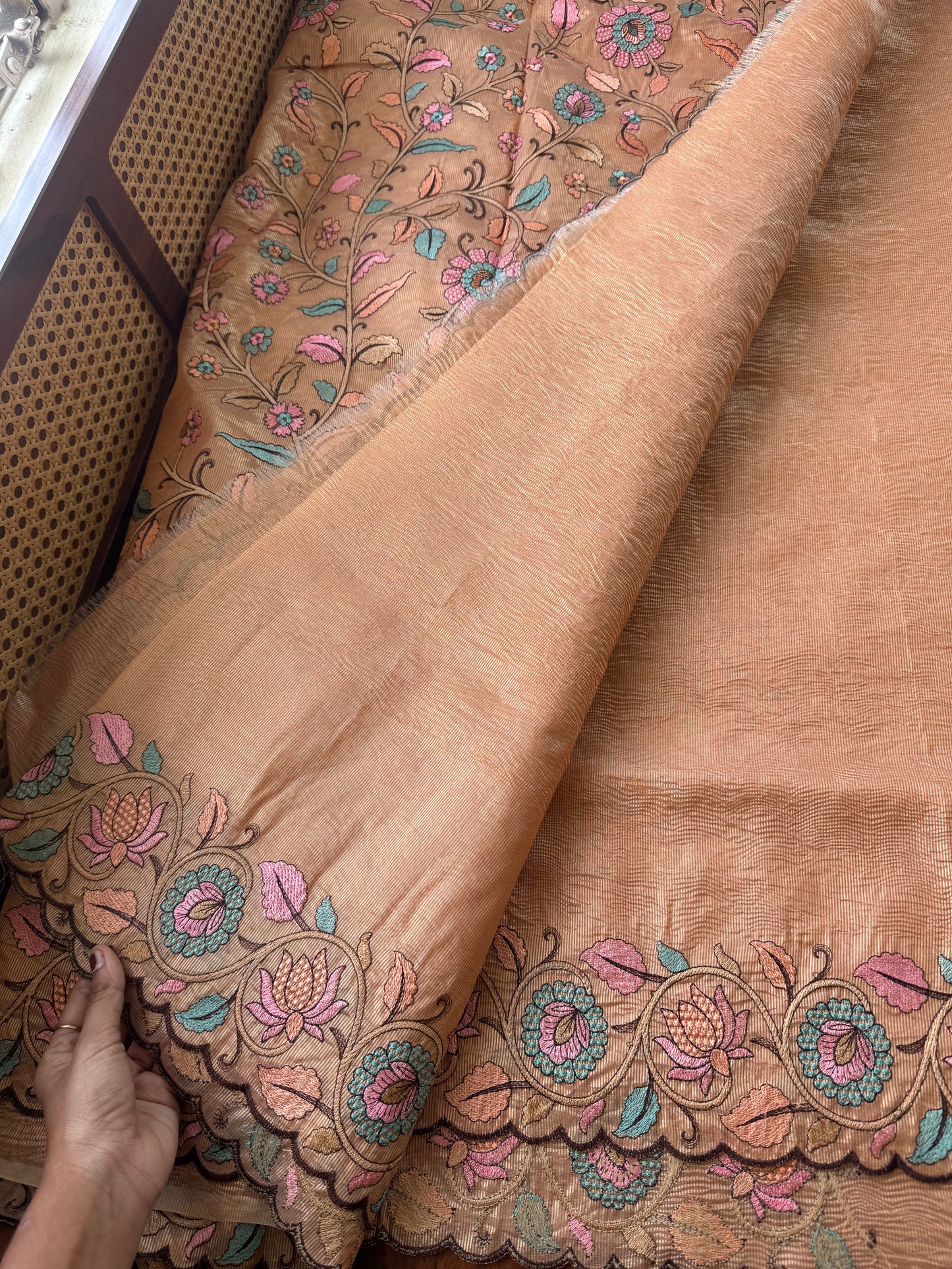 Embroidered Crush Organza Saree - Peach