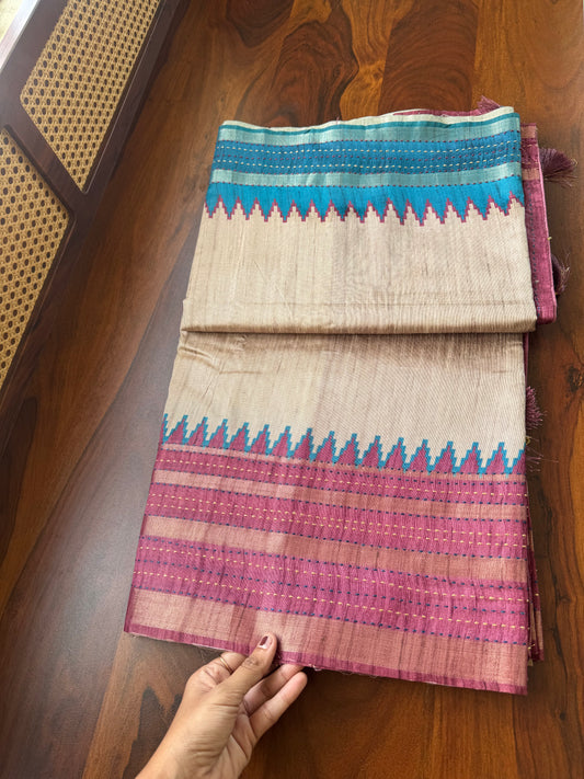 Embroidered Tussar Blend - Half White & Blue Pink