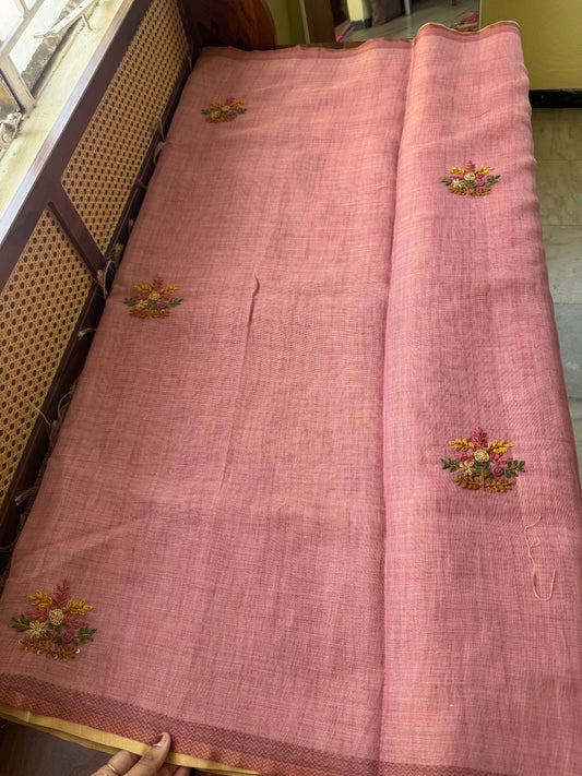 Premium Tissue Linen Saree with heavy blouse - Pink