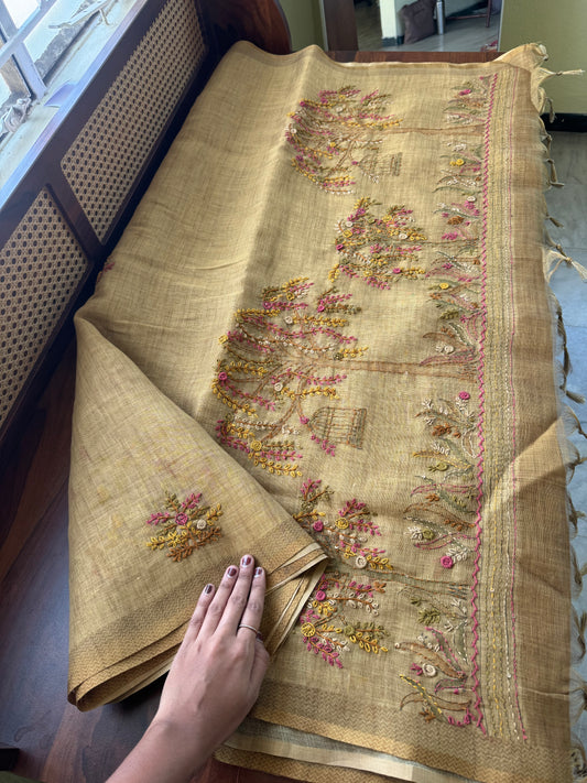 Premium Tissue Linen Saree with heavy blouse - Henna Green