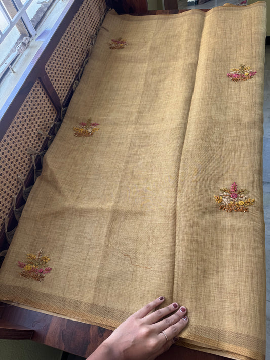 Premium Tissue Linen Saree with heavy blouse - Henna Green