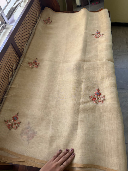 Premium Tissue Linen Sarees with heavy blouse - Beige & Orange