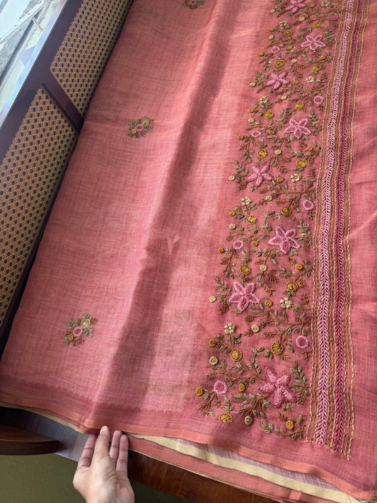 Premium Tissue Linen Sarees with heavy blouse - Peach