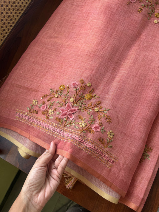 Premium Tissue Linen Sarees with heavy blouse - Peach