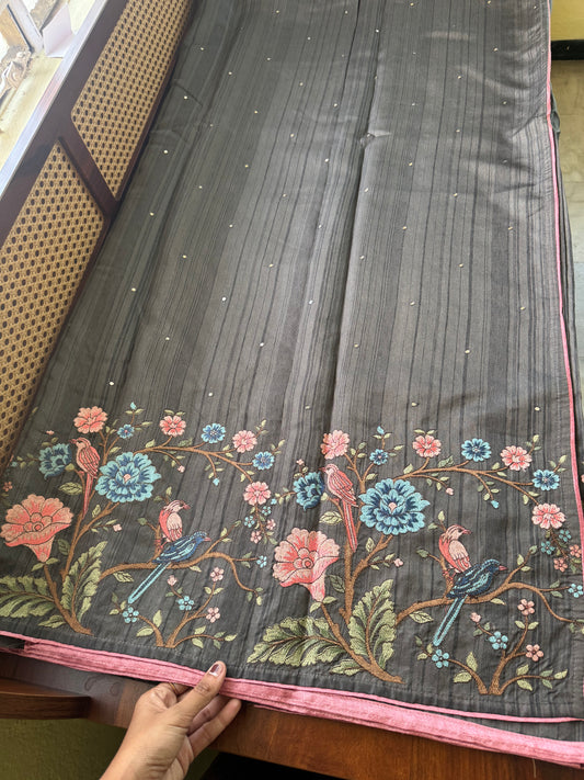 Embroidered Tussar Blend - Grey