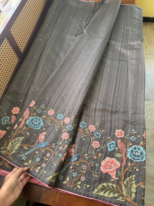 Embroidered Tussar Blend - Grey