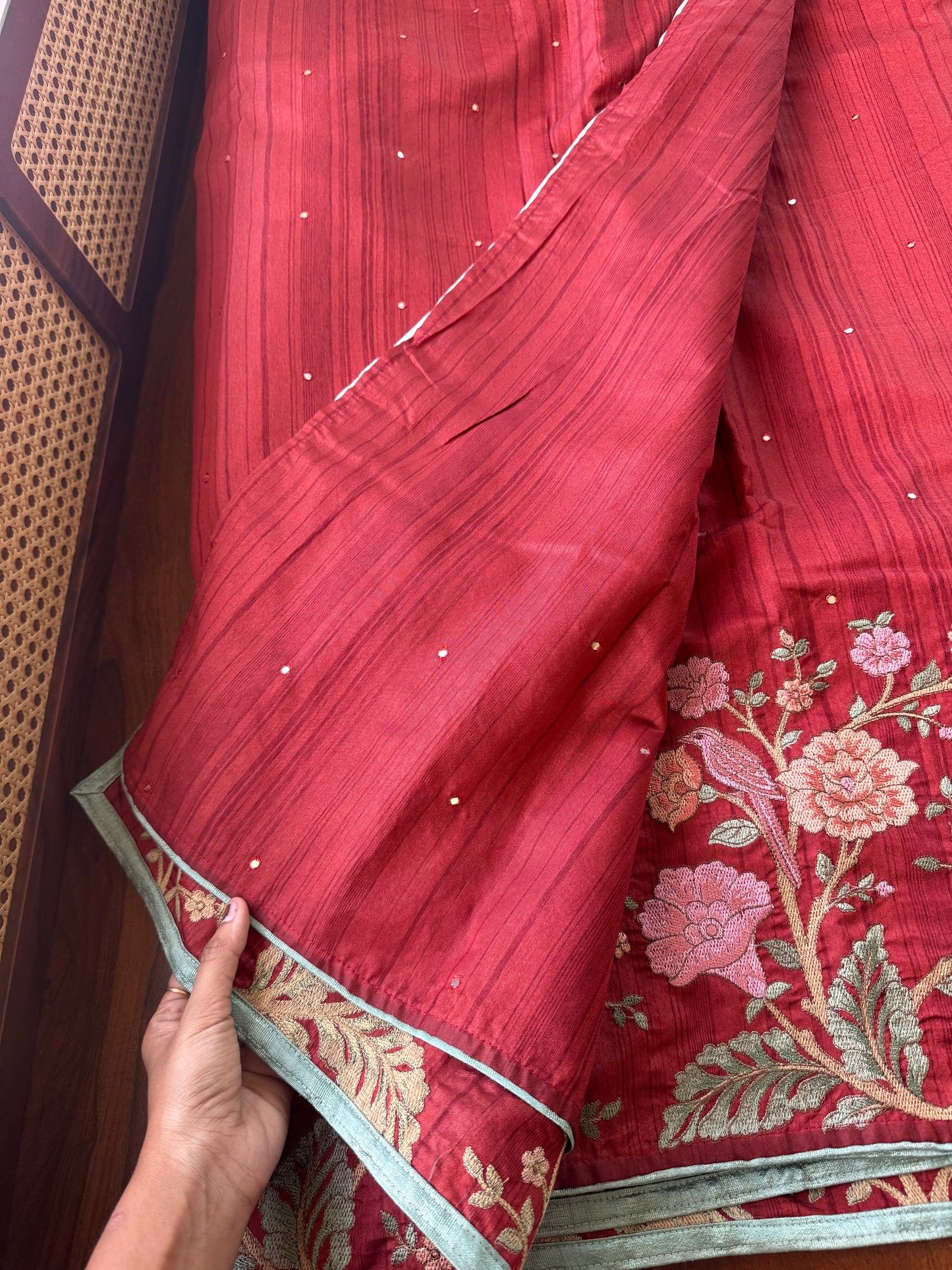 Embroidered Tussar Blend - Maroon