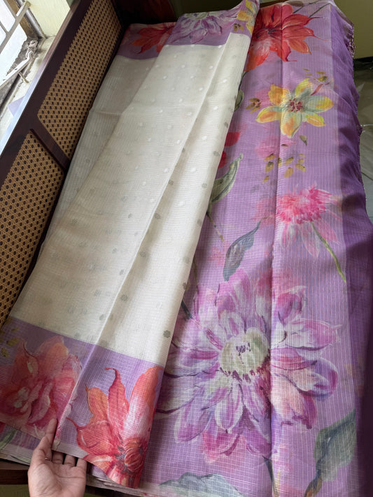 Soft Kota Saree - Halfwhite & Lilac