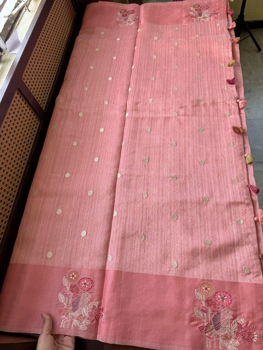 Embroidered Tussar Blend - Peach