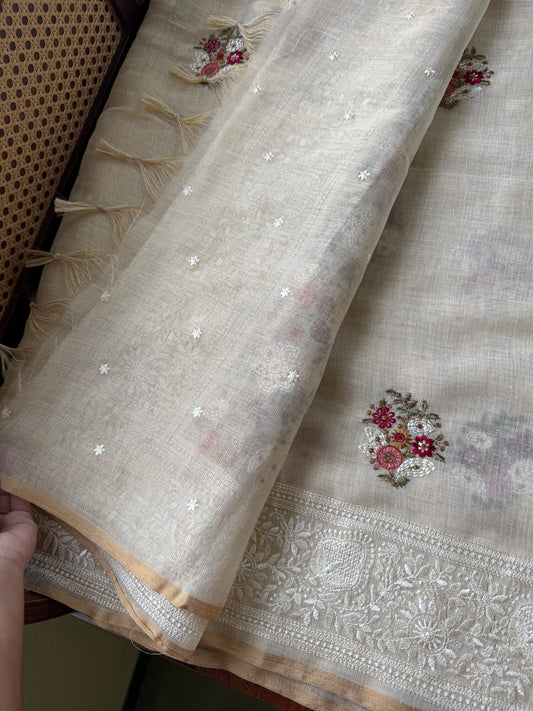 Premium Tissue Linen Sarees - Half White & Cherry Red