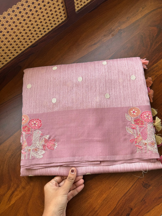 Embroidered Tussar Blend - Pink