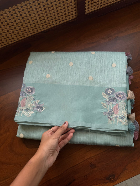 Embroidered Tussar Blend - Blue