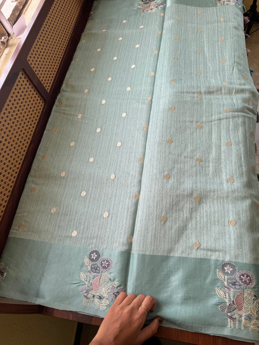 Embroidered Tussar Blend - Blue