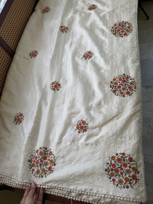 Embroidered Tussar Blend - White & Marigold