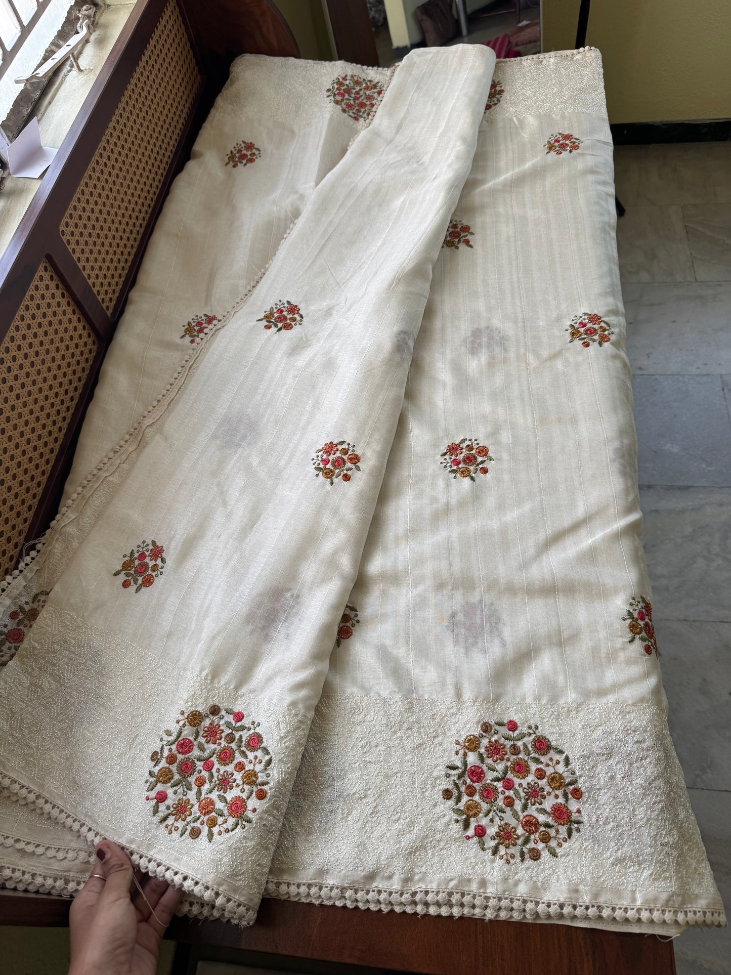 Embroidered Tussar Blend - White & Marigold
