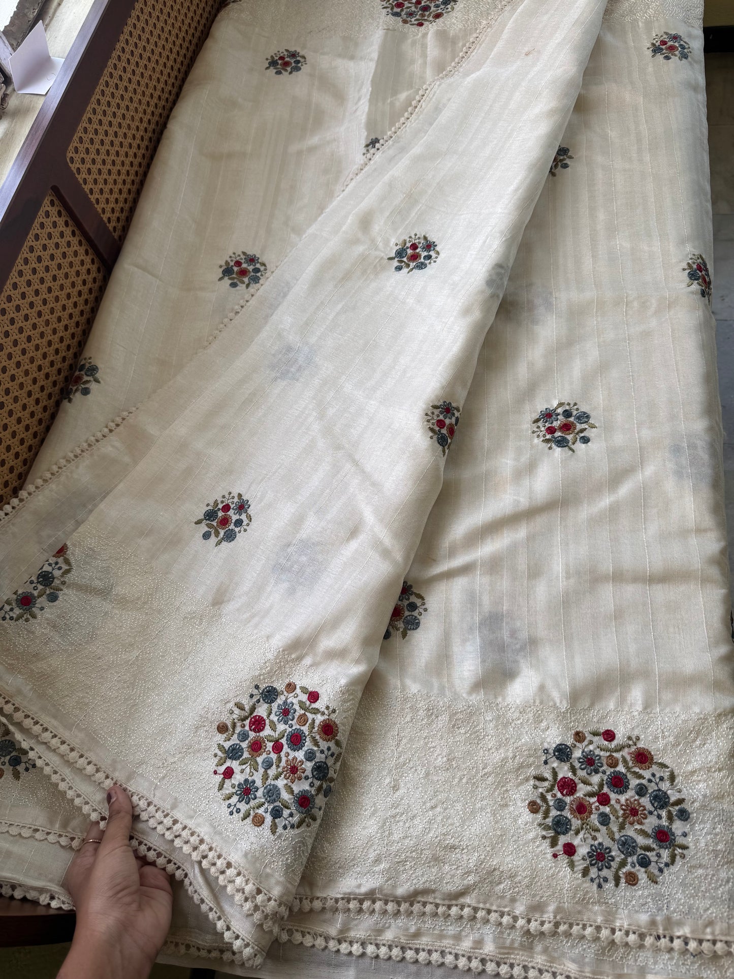 Embroidered Tussar Blend - White & Blue