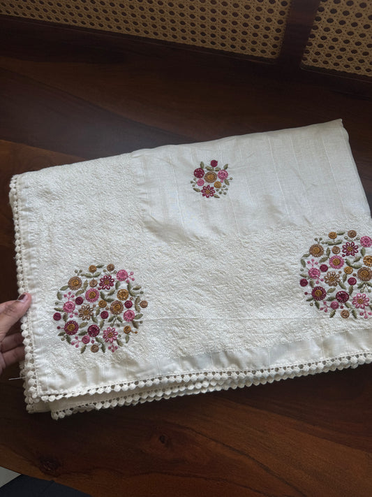 Embroidered Tussar Blend - White & Pink