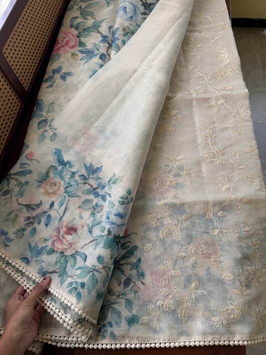 Soft Pure Kota Saree - Half White & Blue