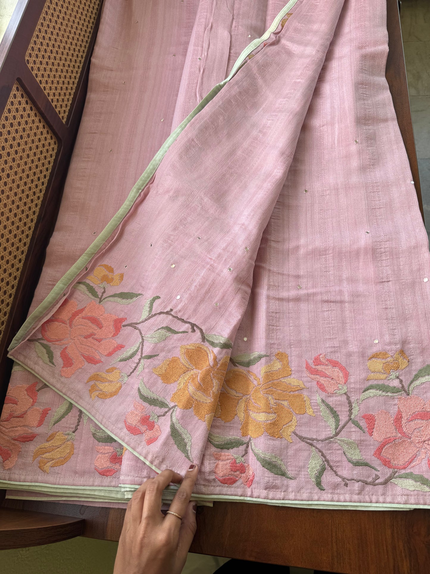 Embroidered Tussar Blend - Pink