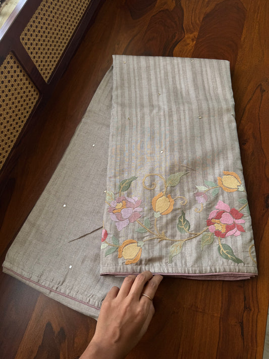 Embroidered Tussar Blend - Grey