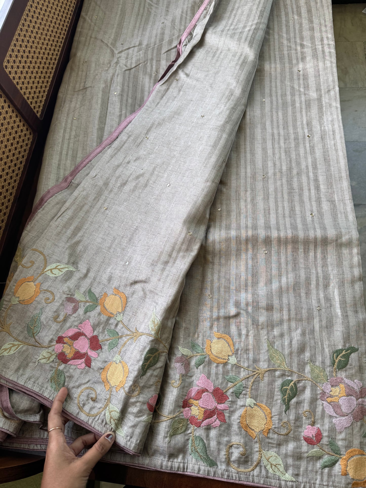 Embroidered Tussar Blend - Grey