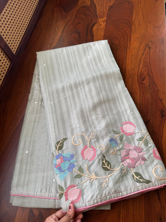 Embroidered Tussar Blend - Grey