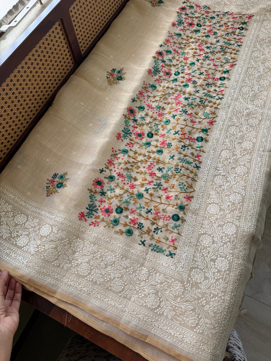 Premium Tissue Linen Sarees - Half White & Peacock Blue