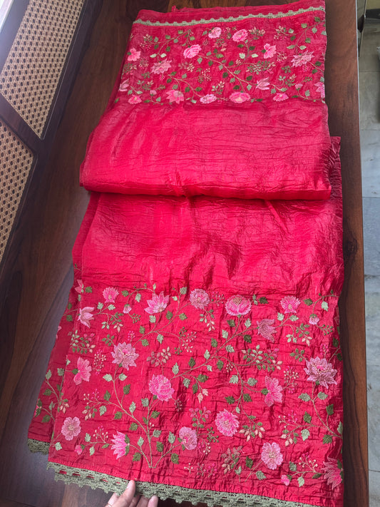 Embroidered Crush Satin Georgette Saree - Cherry Red