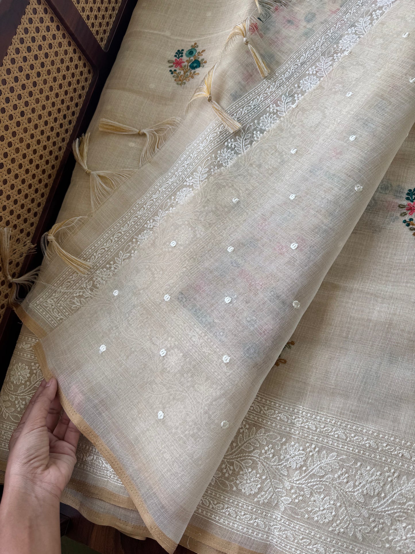 Premium Tissue Linen Sarees - Half White & Peacock Blue