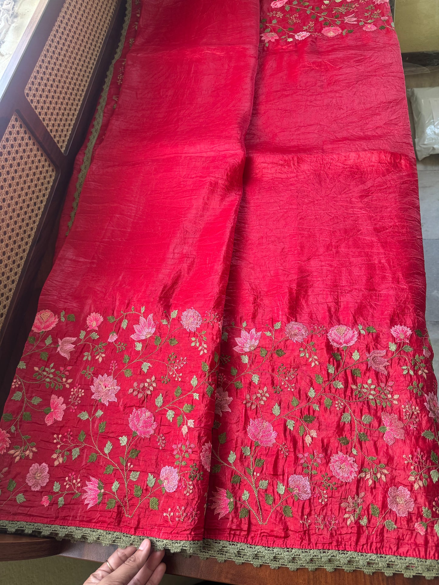 Embroidered Crush Satin Georgette Saree - Cherry Red