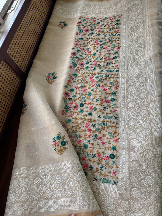 Premium Tissue Linen Sarees - Half White & Peacock Blue