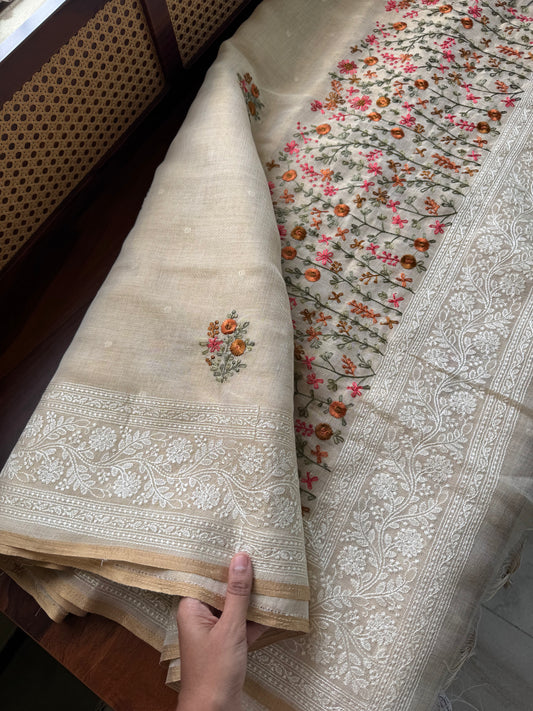 Premium Tissue Linen Sarees - Half White & Marigold