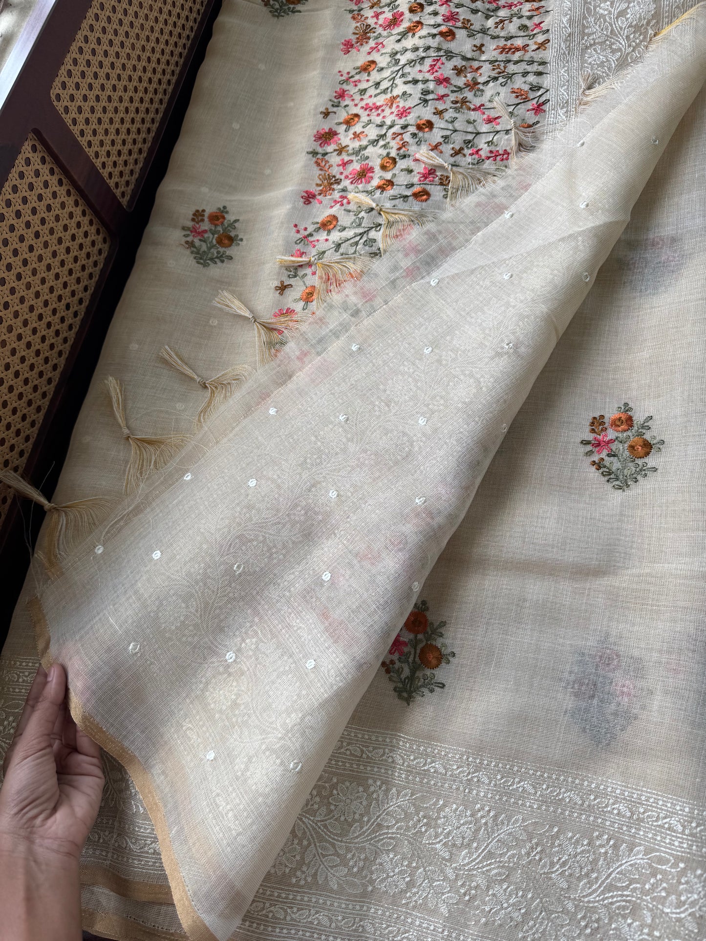 Premium Tissue Linen Sarees - Half White & Marigold