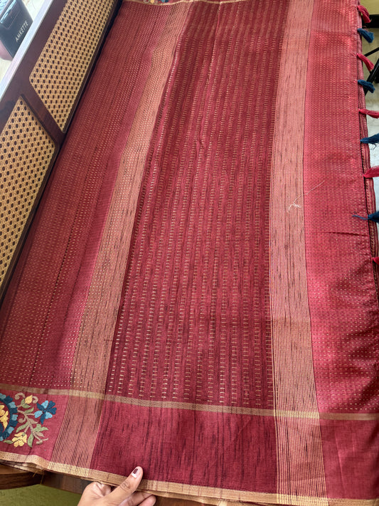 Embroidered Tussar Blend - Maroon