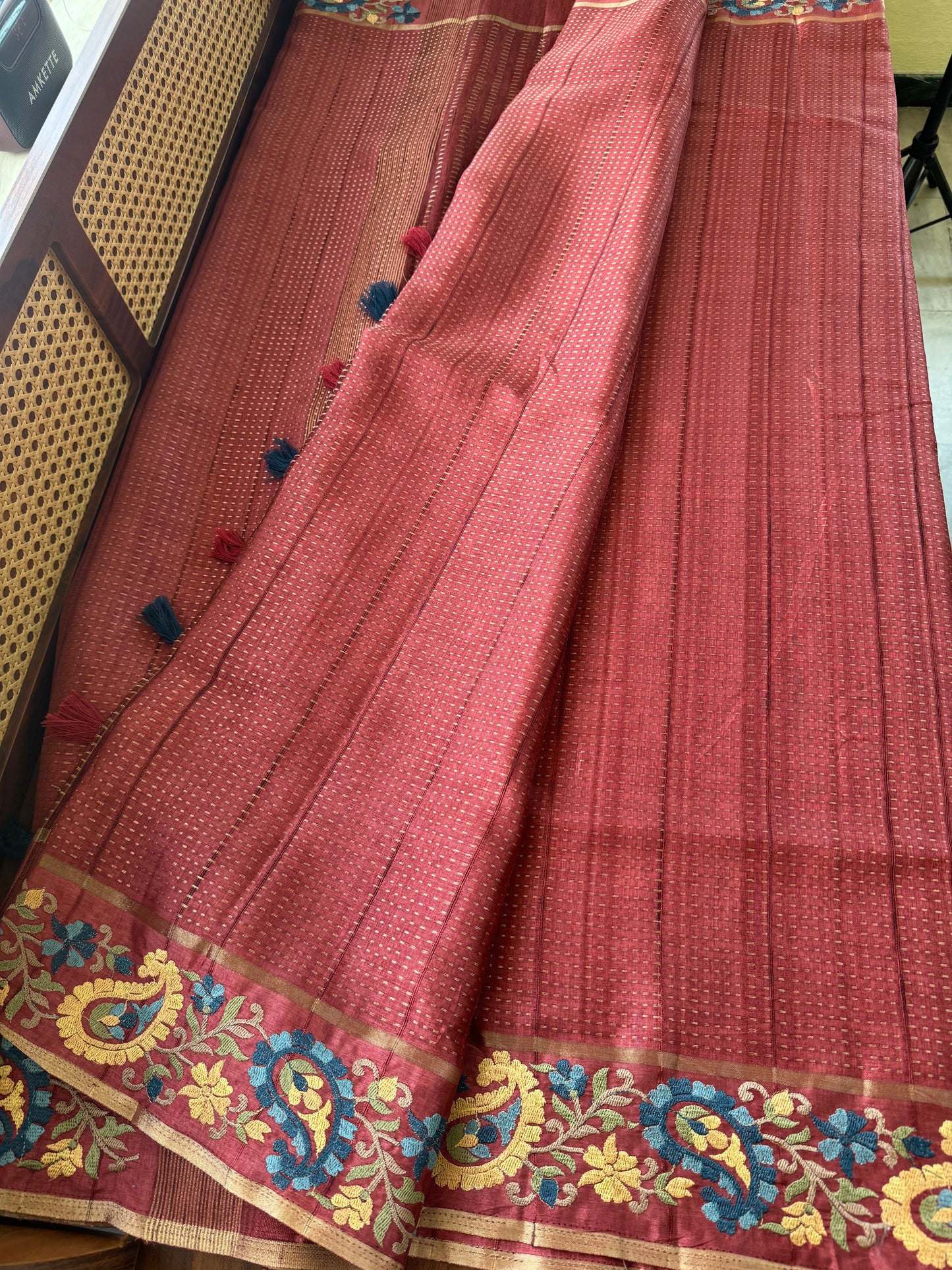 Embroidered Tussar Blend - Maroon