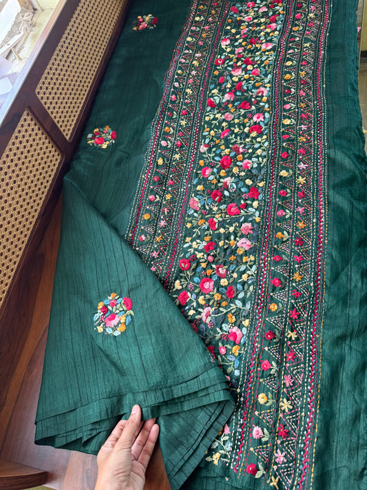 Premium Tussar Blend Saree with Handwork - Dark Green