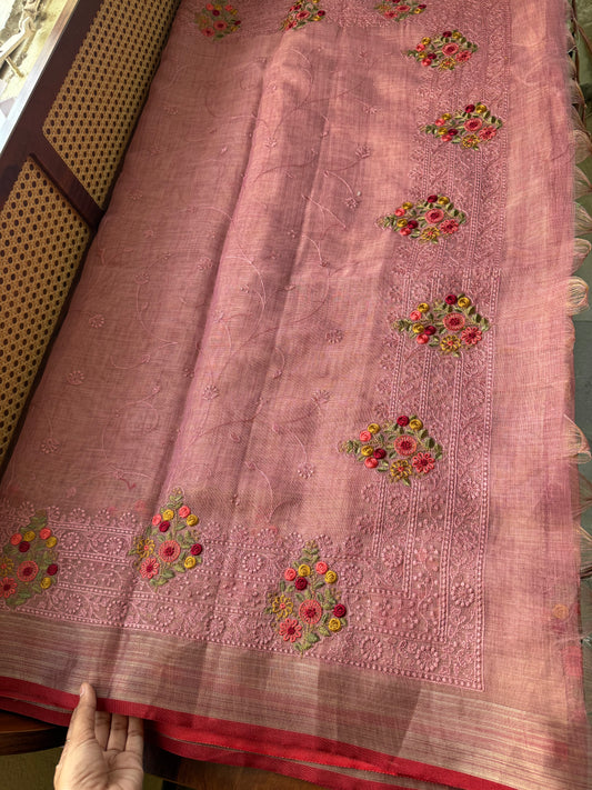 Premium Tissue Linen Sarees - Pink