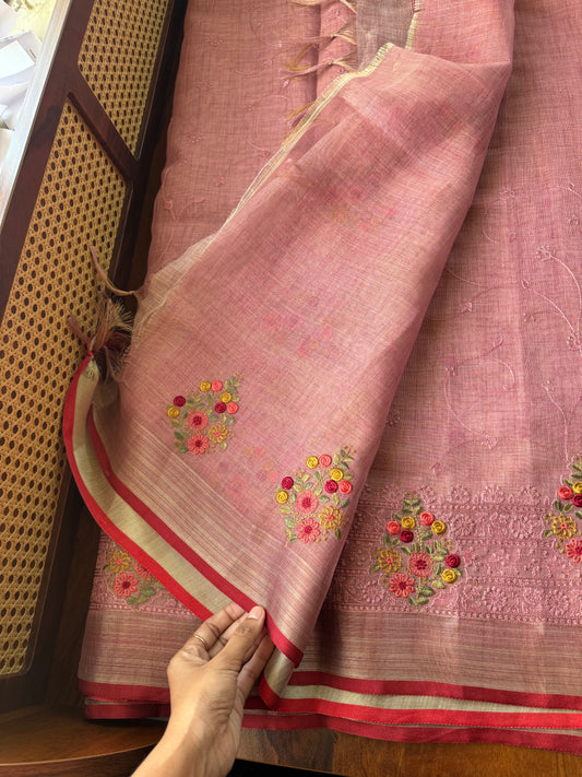 Premium Tissue Linen Sarees - Pink