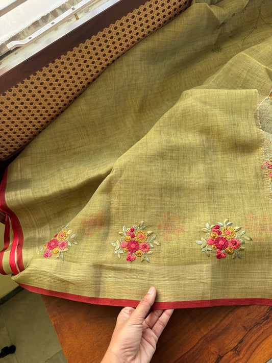 Premium Tissue Linen Sarees - Green