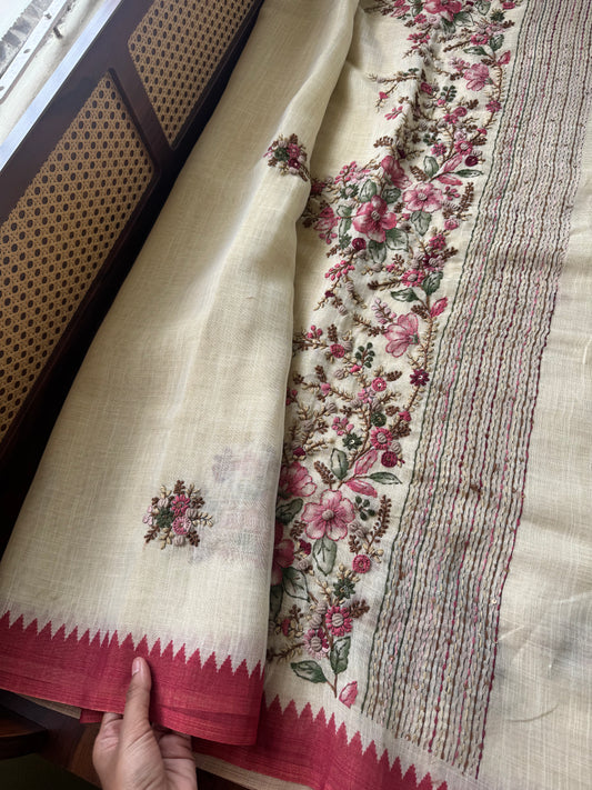 Premium Tissue Linen Sarees - Half White and Crimson Red