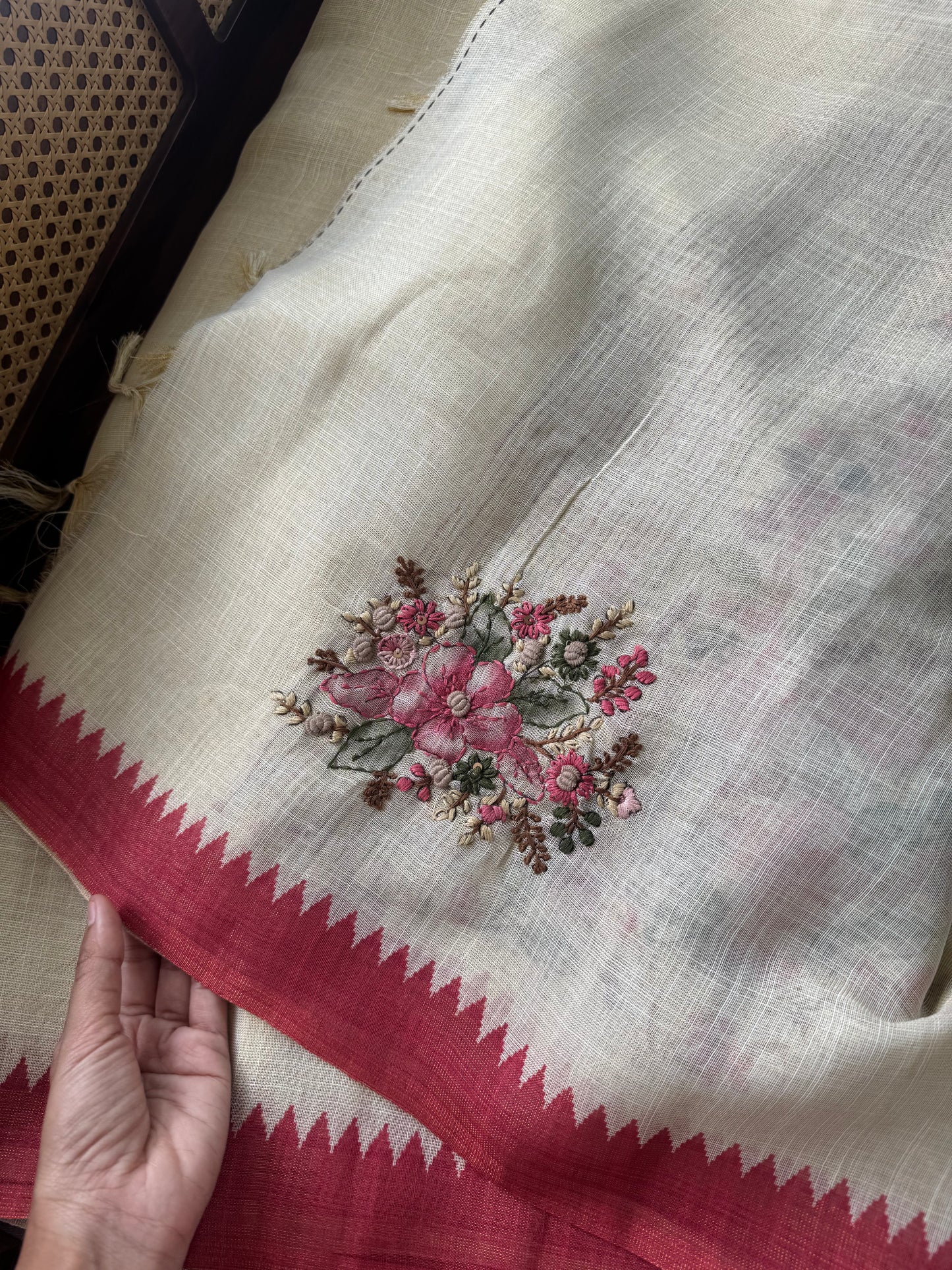 Premium Tissue Linen Sarees - Half White and Crimson Red