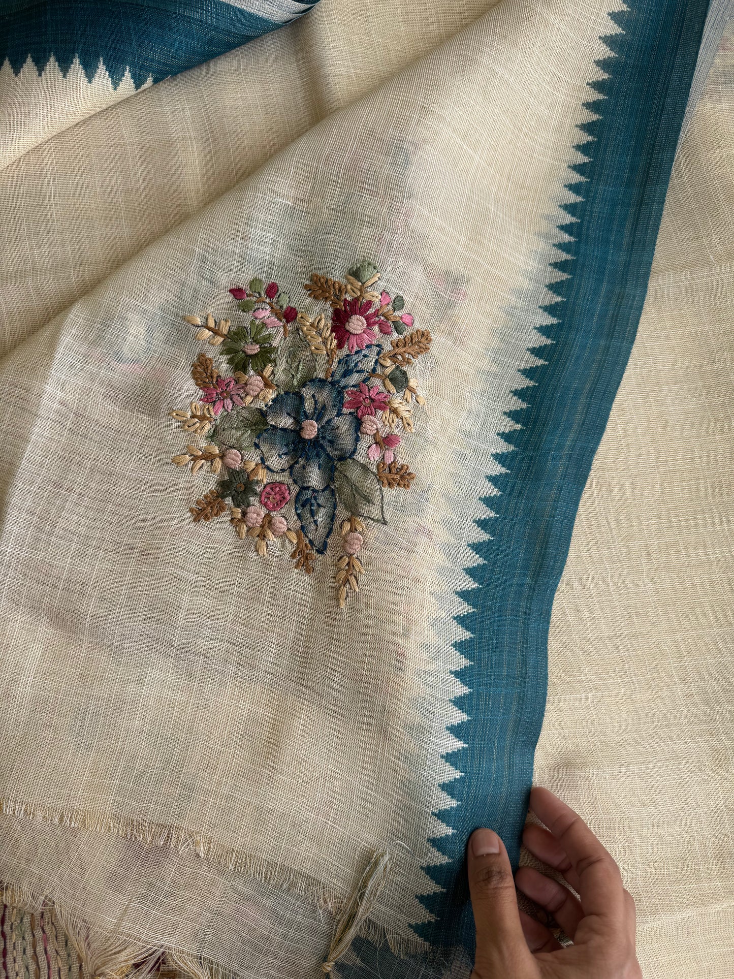 Premium Tissue Linen Sarees - Half White and Blue
