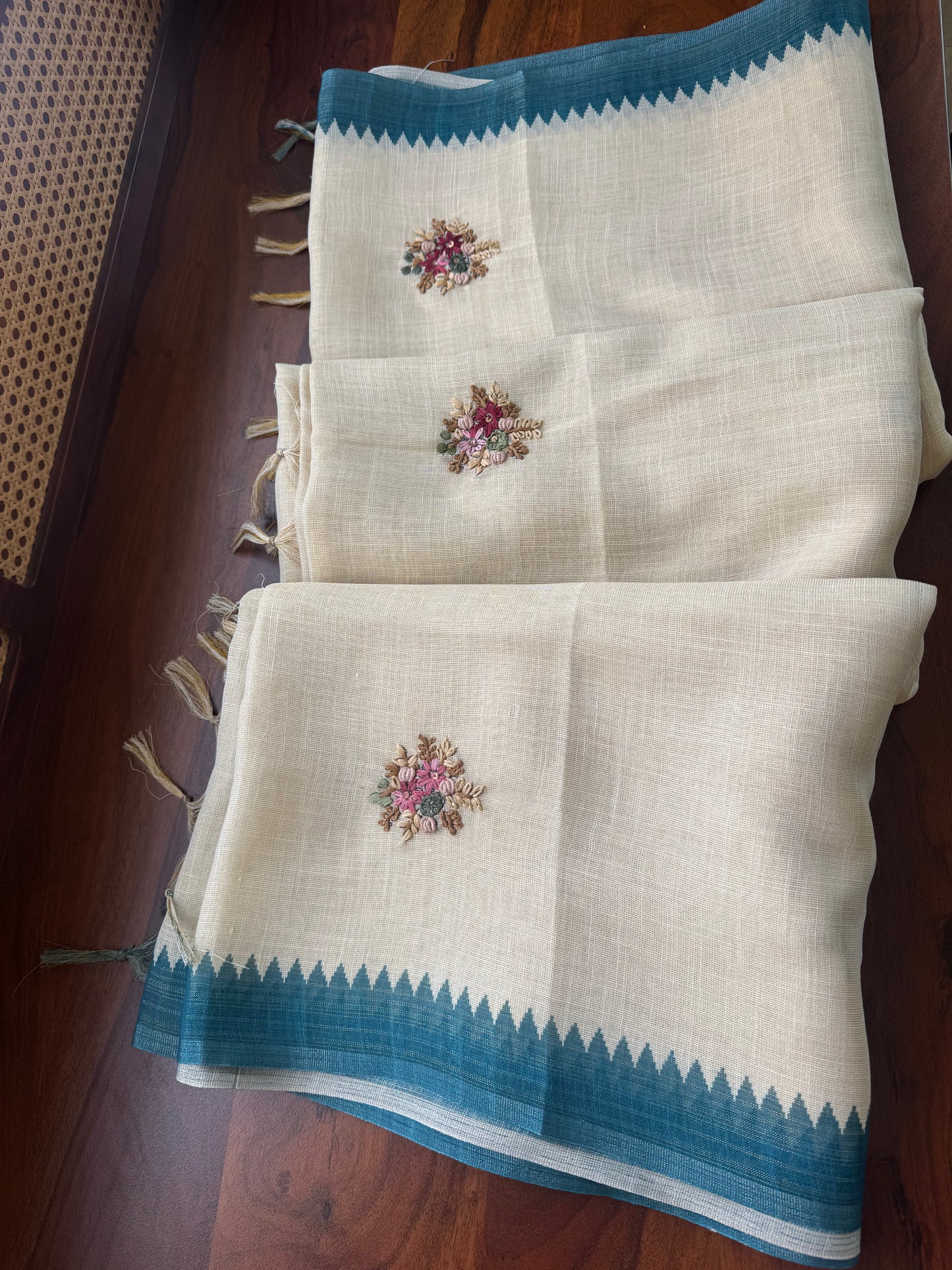 Premium Tissue Linen Sarees - Half White and Blue
