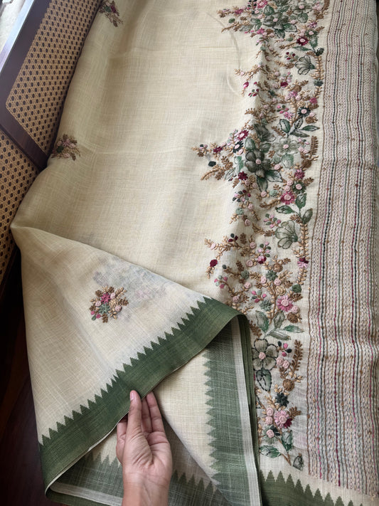 Premium Tissue Linen Sarees - Half White and Green