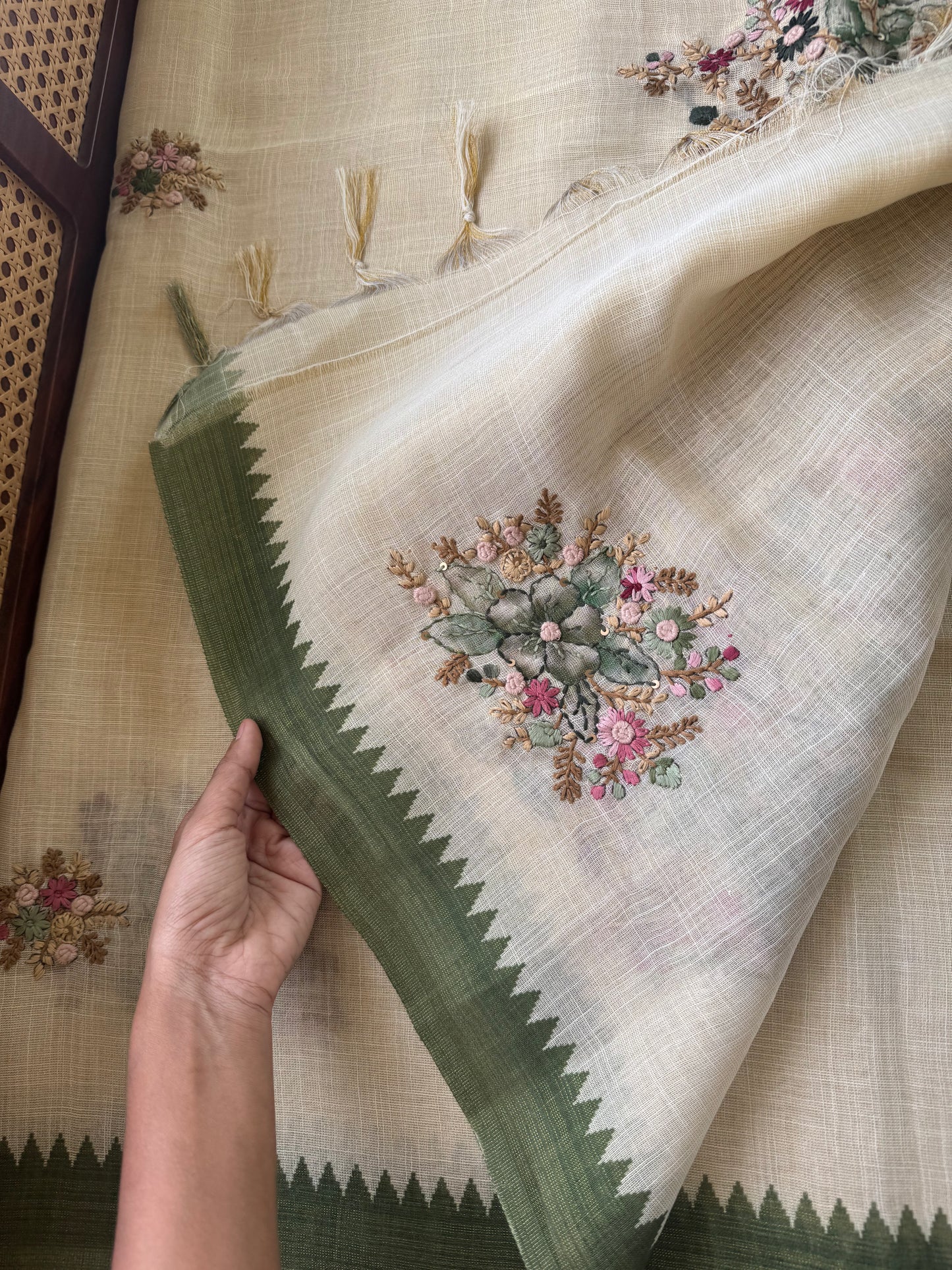 Premium Tissue Linen Sarees - Half White and Green