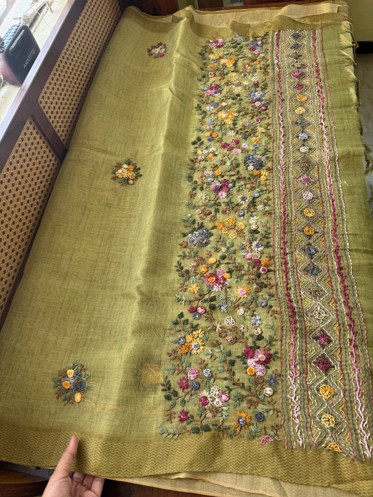 Premium Tissue Linen Sarees with heavy blouse - Green