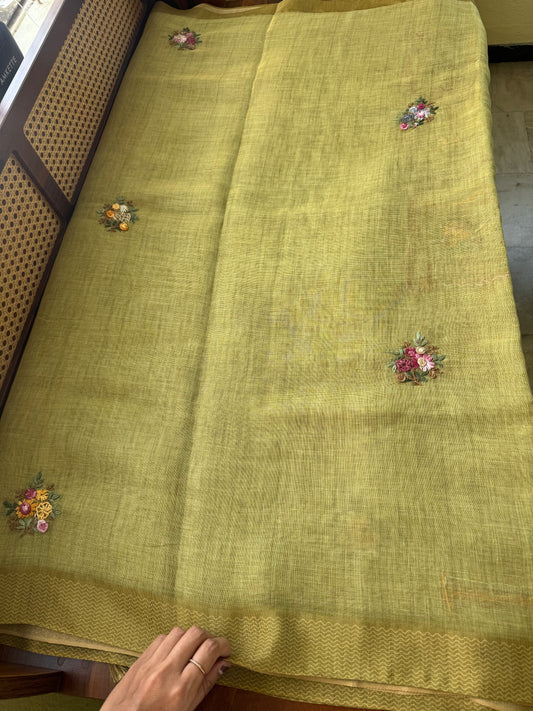 Premium Tissue Linen Sarees with heavy blouse - Green