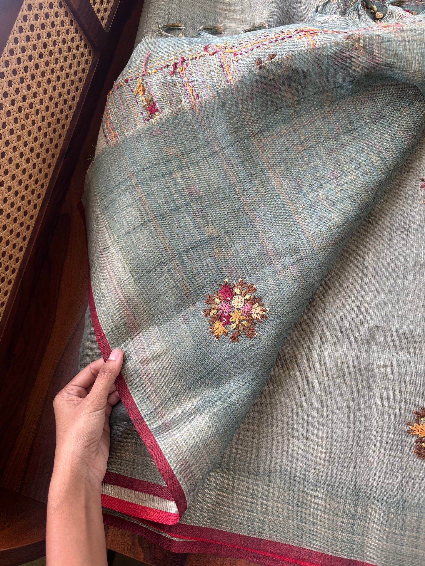 Premium Tissue Linen Sarees - Greyish Blue