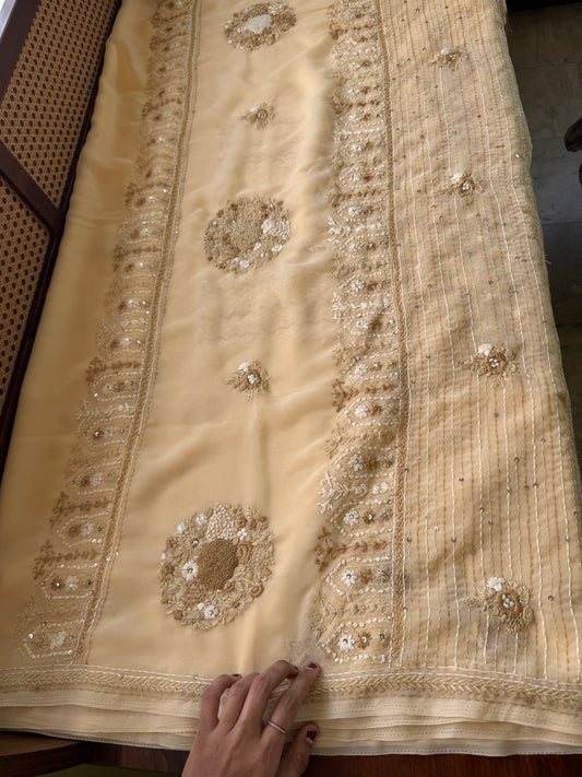 Georgette hand embroidery saree with heavy blouse - Pastel Beige