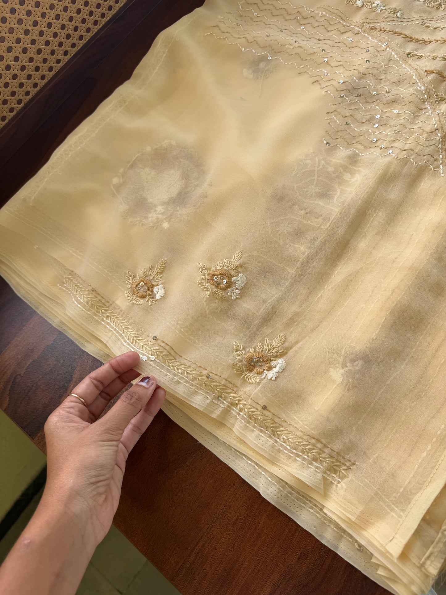 Georgette hand embroidery saree with heavy blouse - Pastel Beige